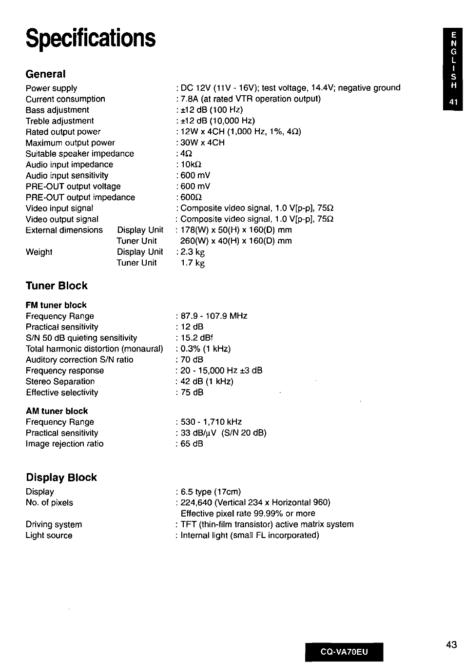 Specifications, Tuner block, Cq-va70eu | Panasonic CQVA70EU User Manual | Page 43 / 44