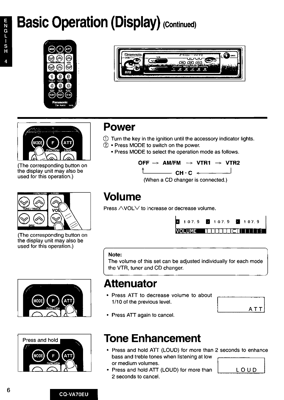 Power, Volume, Attenuator | Tone enhancement, Basic operation (dispiay), Mil iliiihiia | Panasonic CQVA70EU User Manual | Page 6 / 44