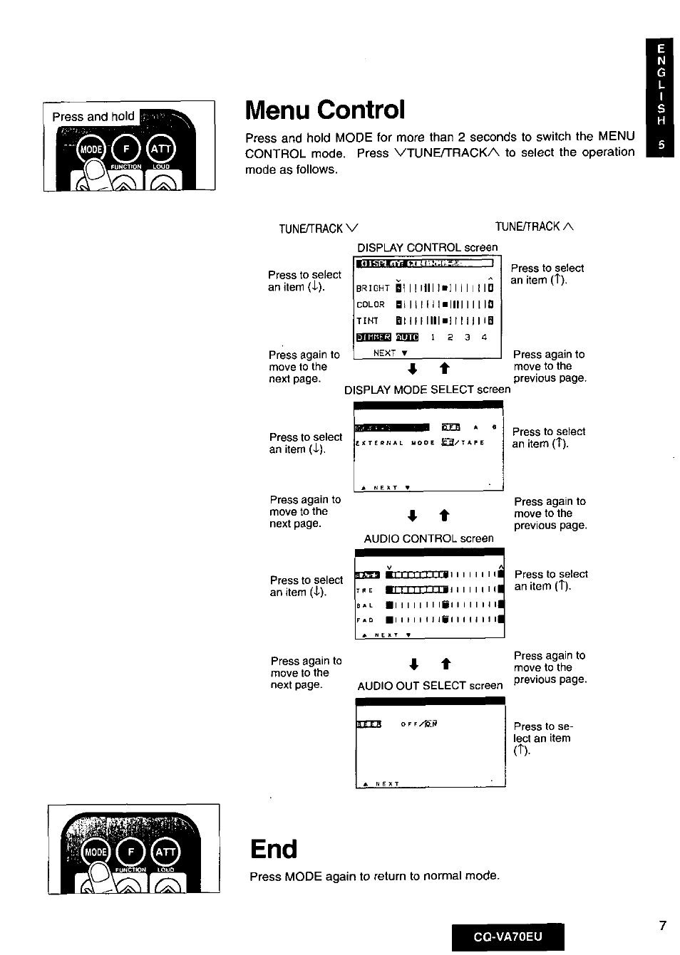 Menu control, Cq-va70eu | Panasonic CQVA70EU User Manual | Page 7 / 44