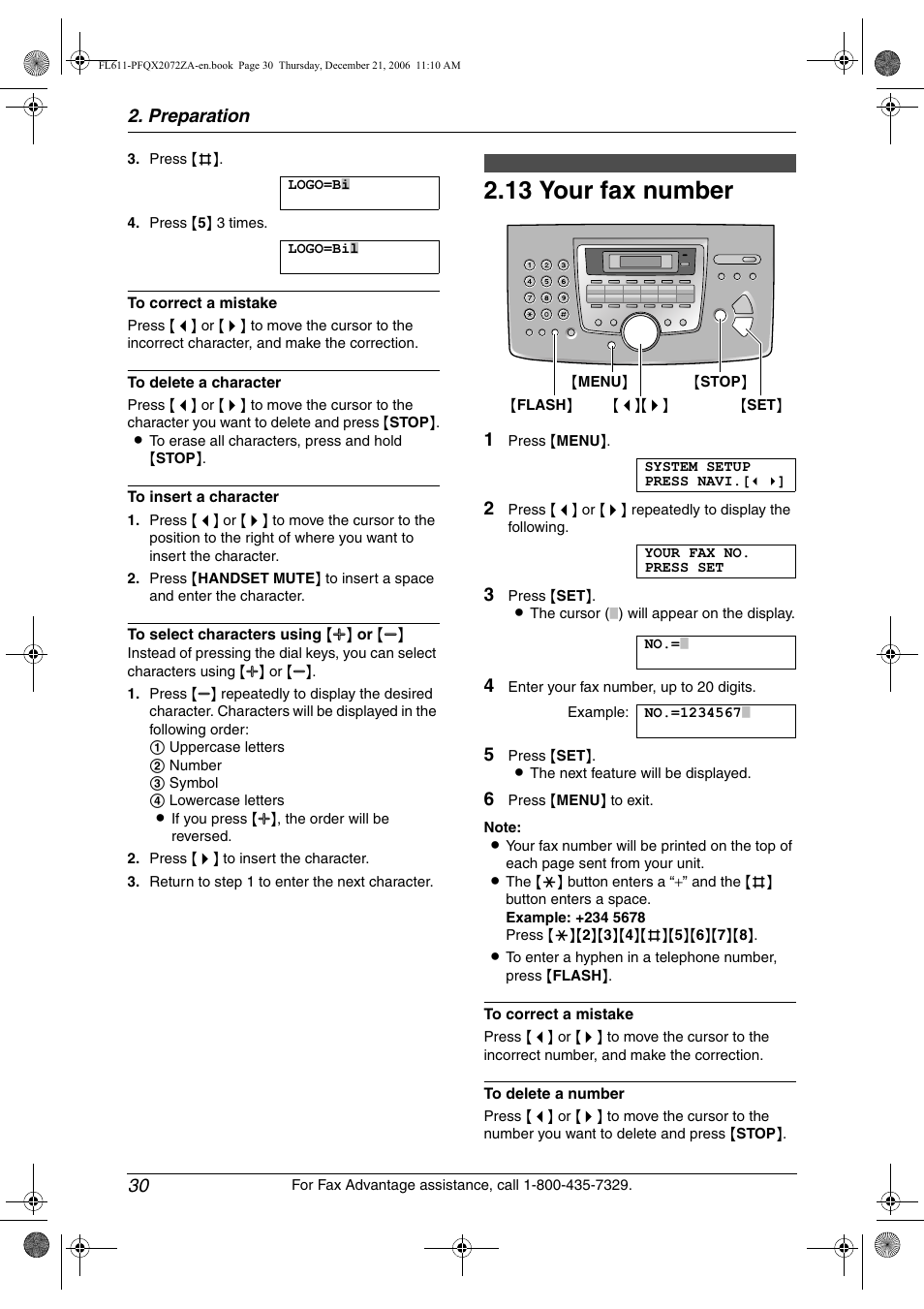 13 your fax number, Your fax number, 13 your fax number | Preparation 30 | Panasonic KX-FL611 User Manual | Page 32 / 86