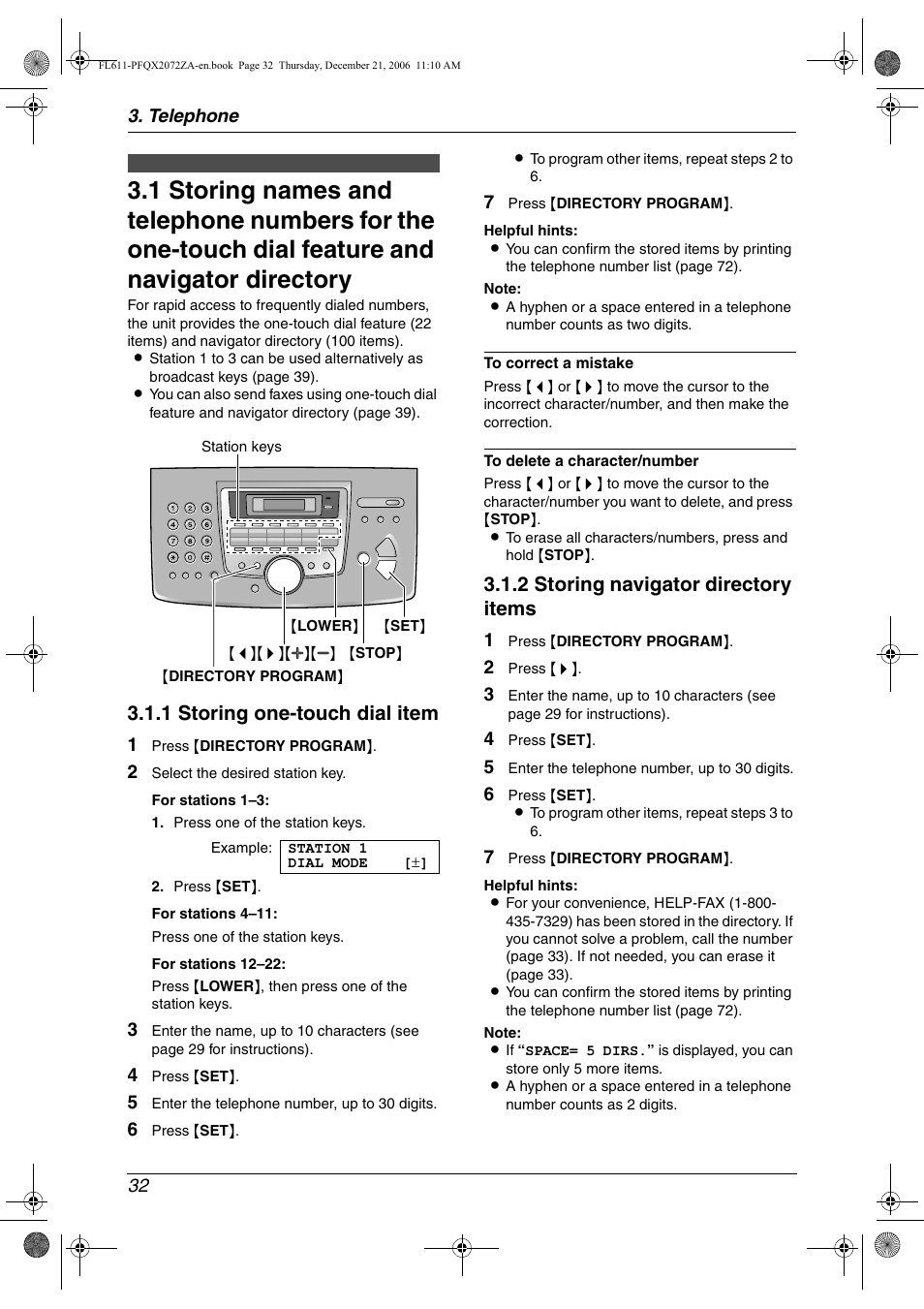 Telephone, Automatic dialing, 1 storing one-touch dial item | 2 storing navigator directory items | Panasonic KX-FL611 User Manual | Page 34 / 86