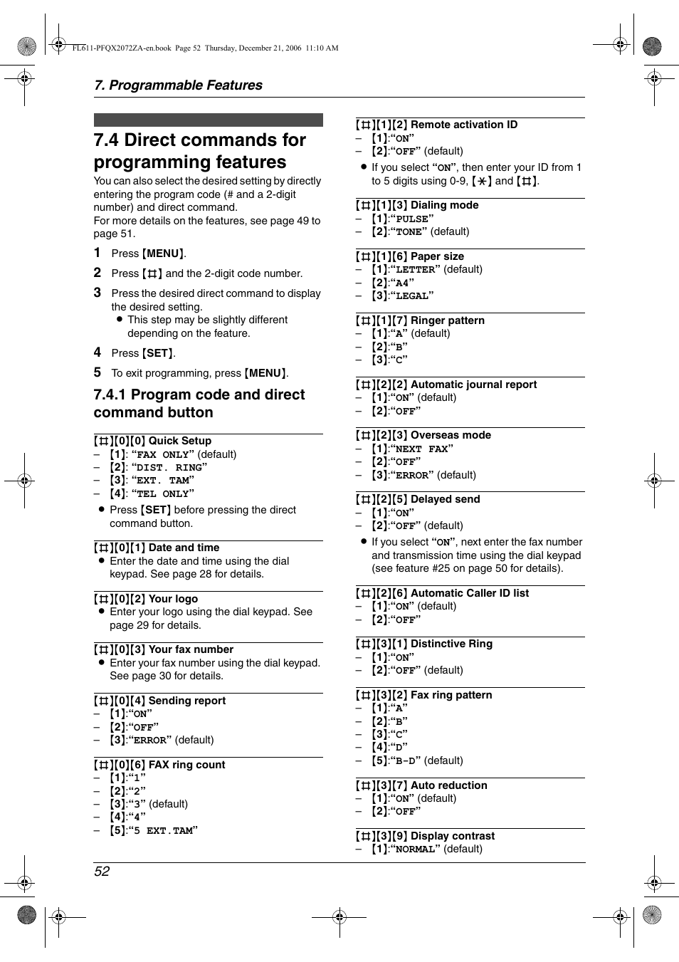 4 direct commands for programming features, Direct commands for programming features, 4 direct commands for programming features | 1 program code and direct command button, Programmable features 52 | Panasonic KX-FL611 User Manual | Page 54 / 86