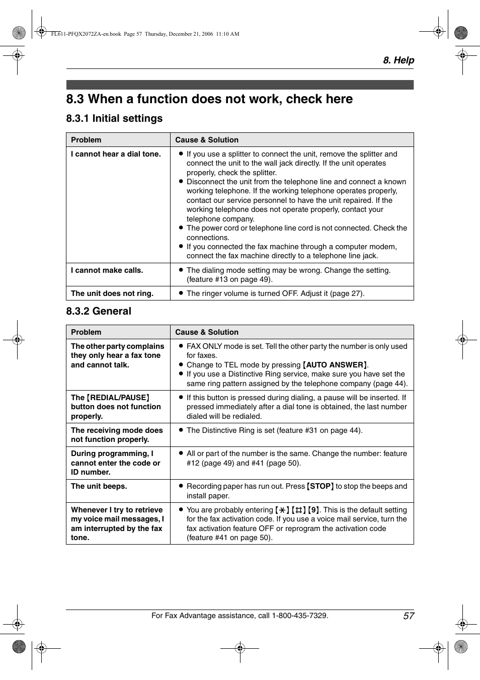 Troubleshooting, 3 when a function does not work, check here, When a function does not work, check here | 3 when a function does not work, check here, 1 initial settings 8.3.2 general, Help 57 | Panasonic KX-FL611 User Manual | Page 59 / 86