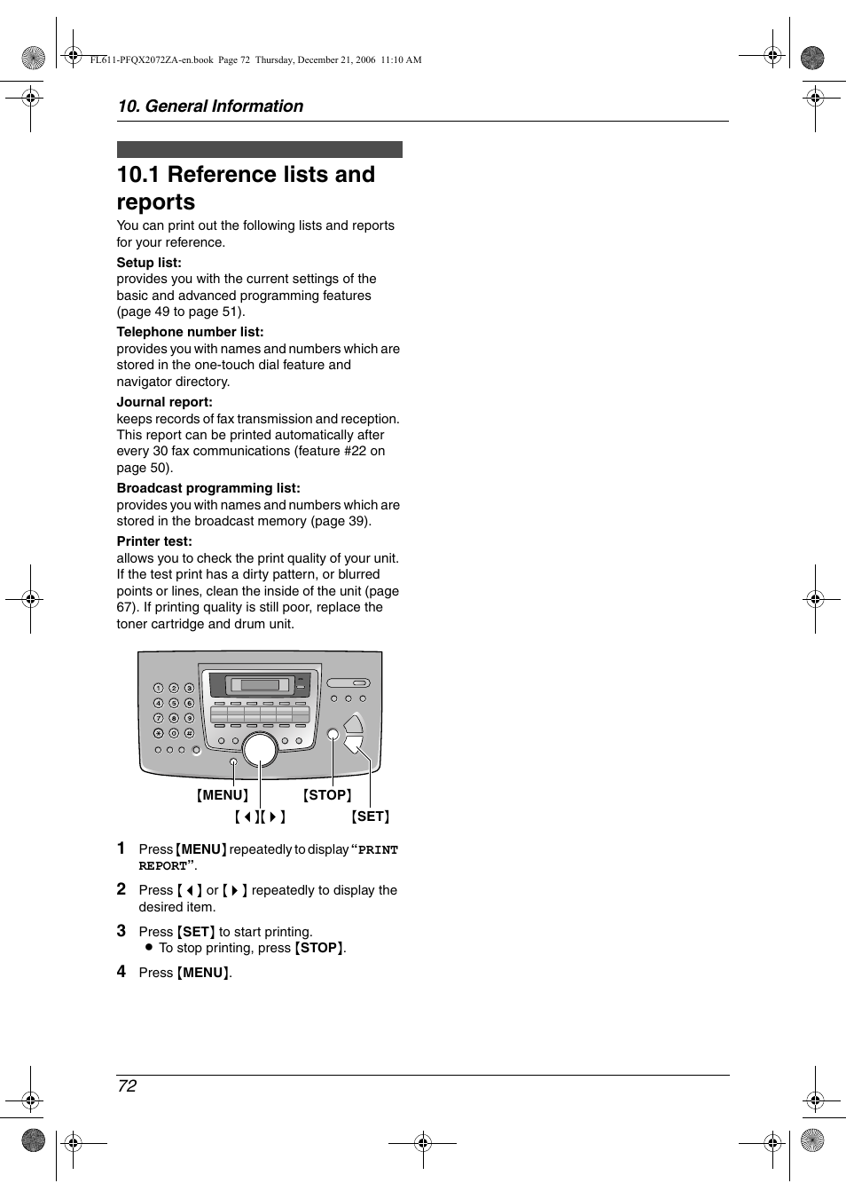 General information, Printed reports, 1 reference lists and reports | Reference lists and reports, 1 reference lists and reports, General information 72 | Panasonic KX-FL611 User Manual | Page 74 / 86