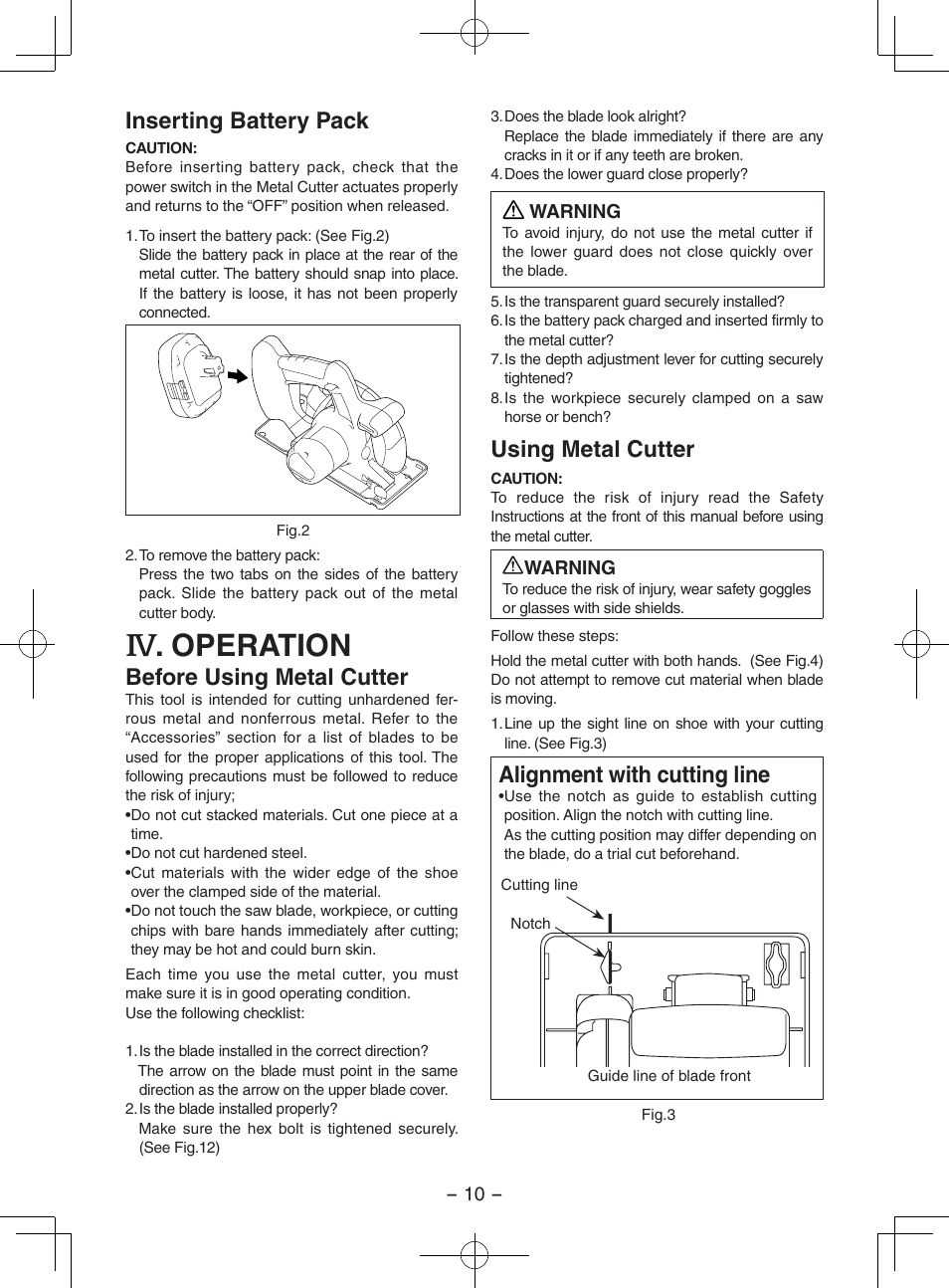 Operation, Inserting battery pack, Before using metal cutter | Using metal cutter, Alignment with cutting line | Panasonic EY3552 User Manual | Page 10 / 48