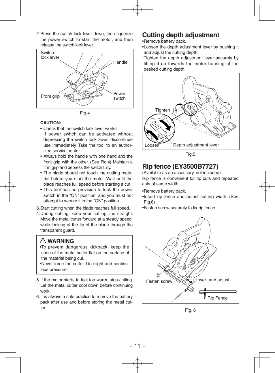 Cutting depth adjustment, Warning | Panasonic EY3552 User Manual | Page 11 / 48