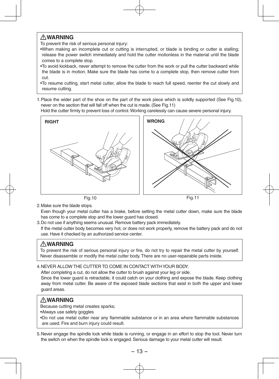 Warning | Panasonic EY3552 User Manual | Page 13 / 48