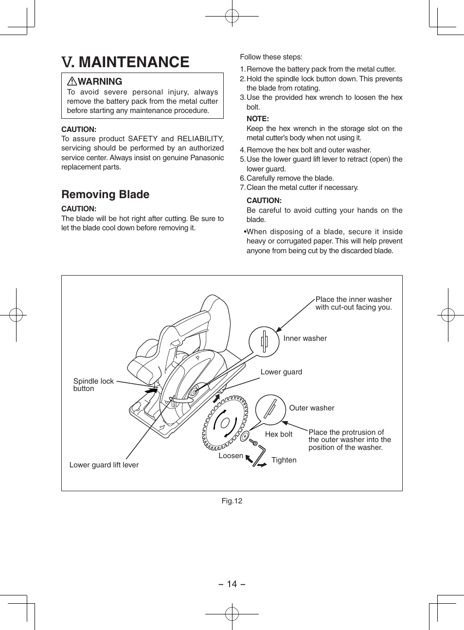 Maintenance, Removing blade | Panasonic EY3552 User Manual | Page 14 / 48