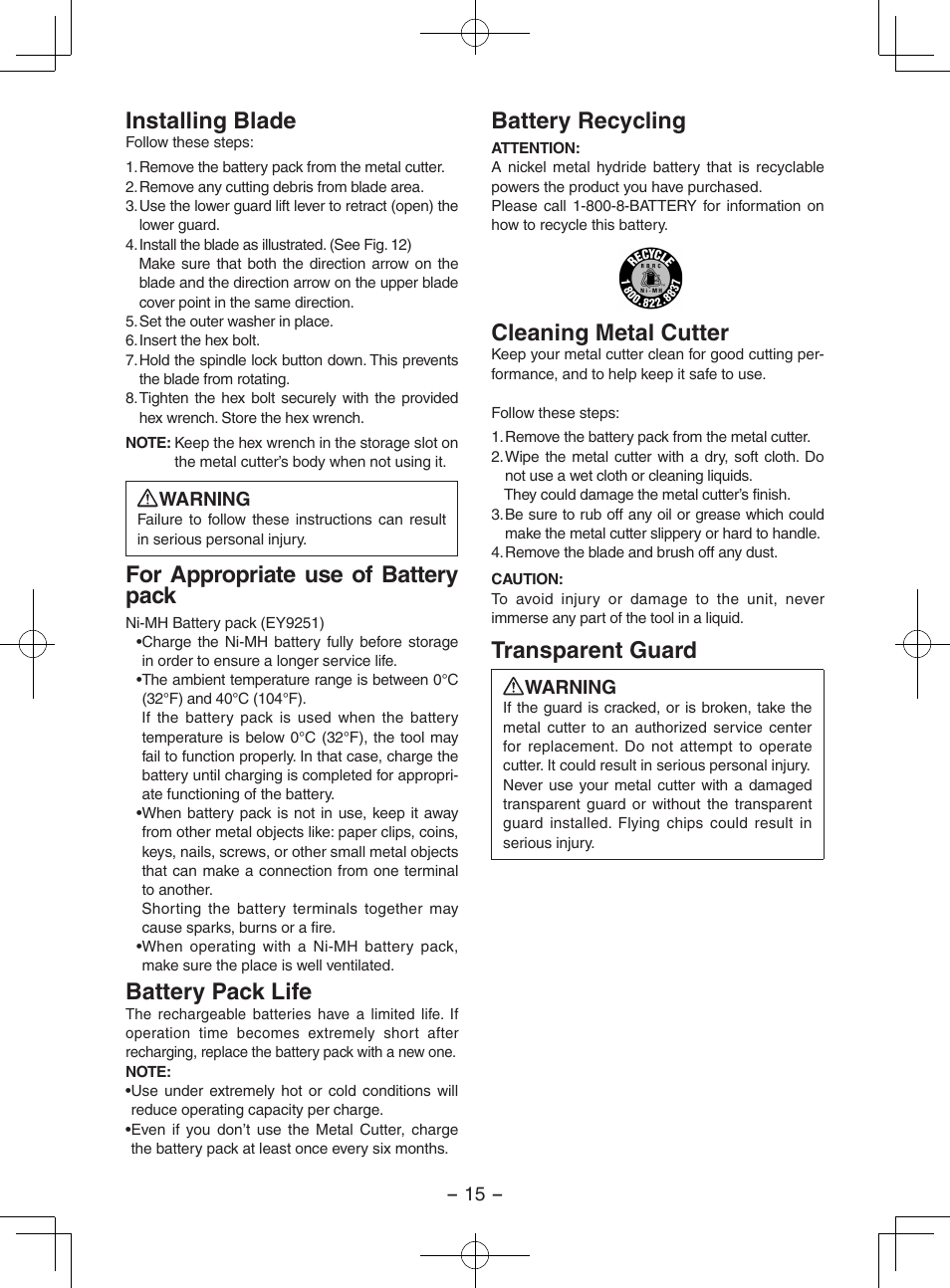 Installing blade, For appropriate use of battery pack, Battery pack life | Battery recycling, Cleaning metal cutter, Transparent guard | Panasonic EY3552 User Manual | Page 15 / 48