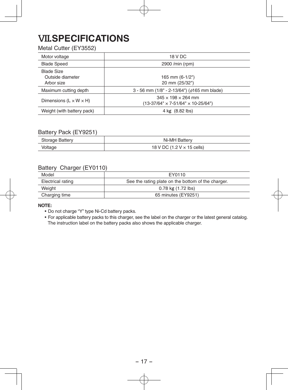 Specifications | Panasonic EY3552 User Manual | Page 17 / 48
