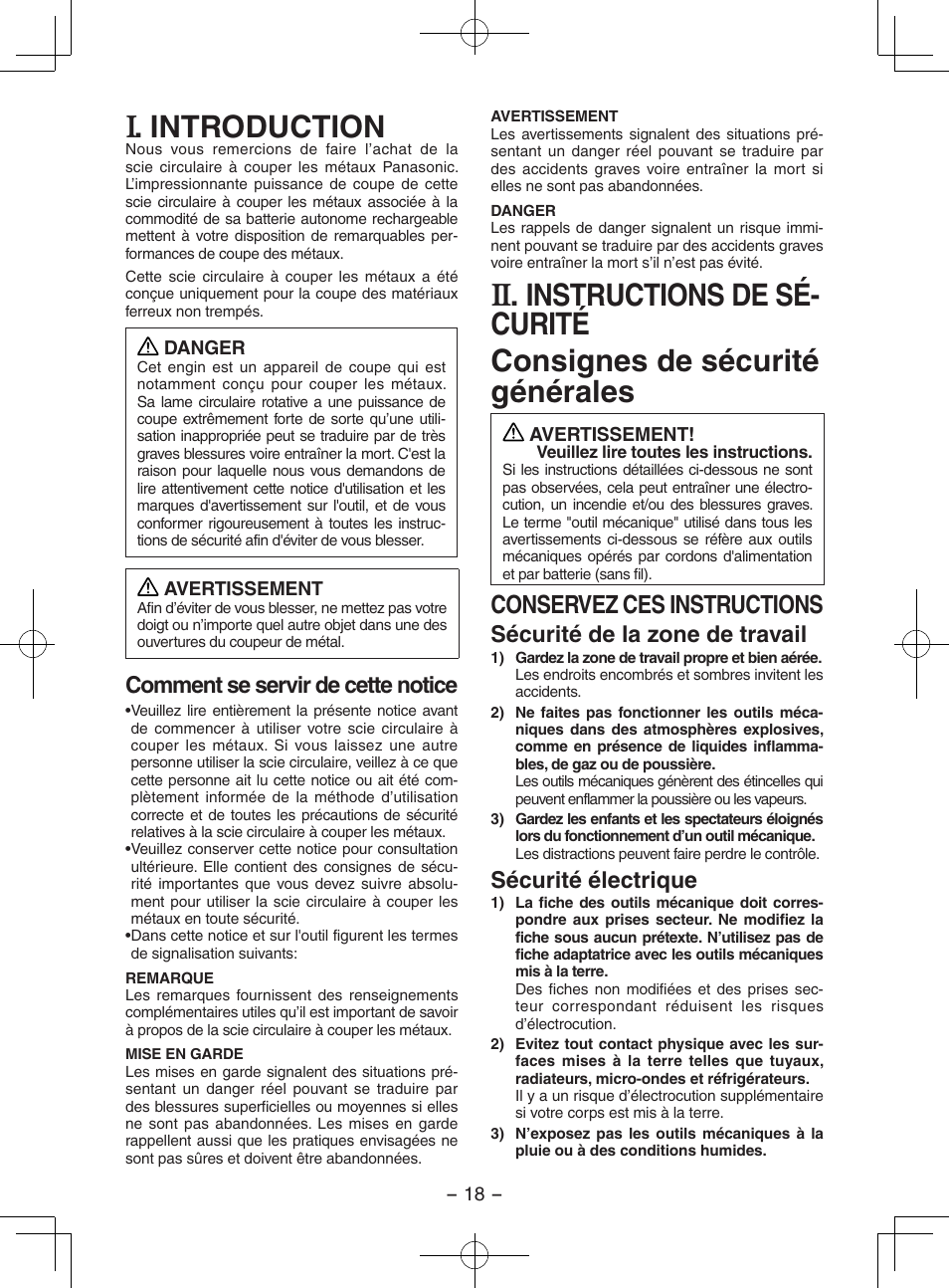 Francais, Introduction, Conservez ces instructions | Comment se servir de cette notice, Sécurité de la zone de travail, Sécurité électrique | Panasonic EY3552 User Manual | Page 18 / 48