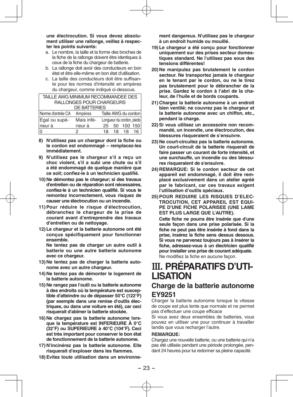 Préparatifs d’uti- lisation, Charge de la batterie autonome ey9251 | Panasonic EY3552 User Manual | Page 23 / 48