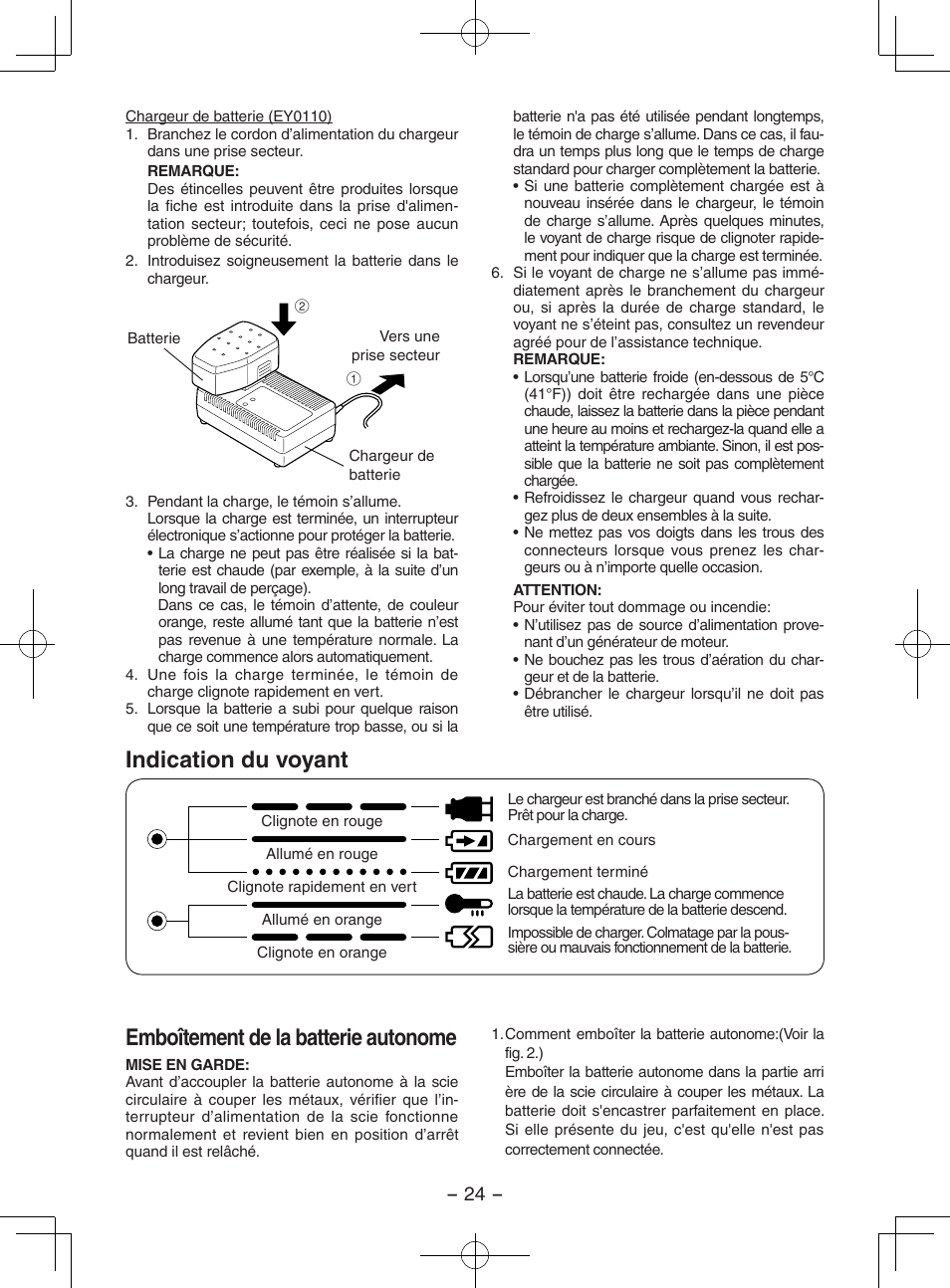 Indication du voyant, Emboîtement de la batterie autonome | Panasonic EY3552 User Manual | Page 24 / 48
