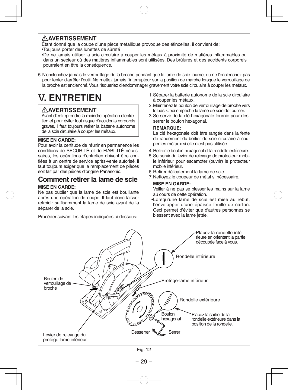 Entretien, Comment retirer la lame de scie | Panasonic EY3552 User Manual | Page 29 / 48