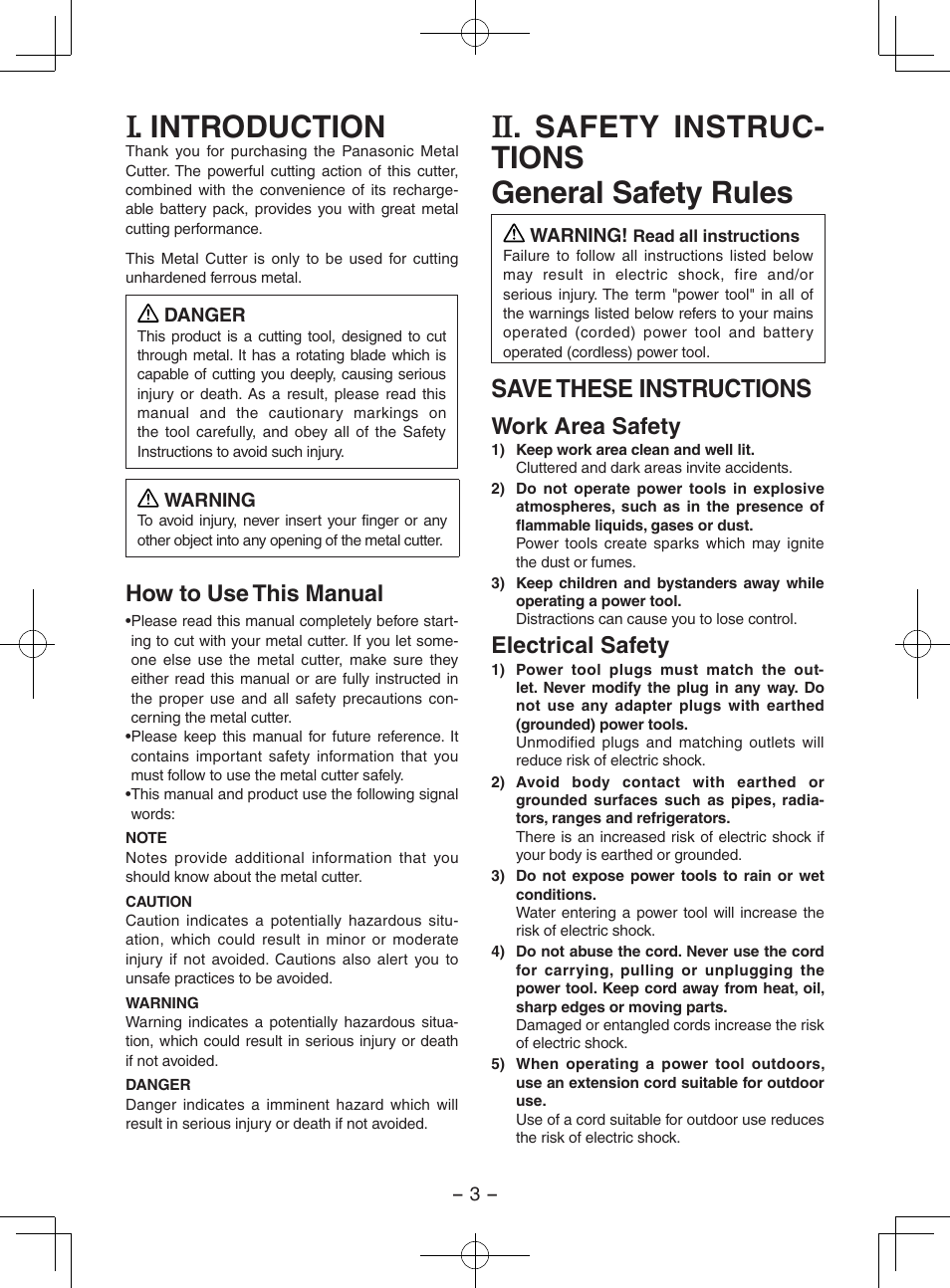 English, Introduction, Safety instruc- tions general safety rules | Save these instructions, How to use this manual, Work area safety, Electrical safety | Panasonic EY3552 User Manual | Page 3 / 48