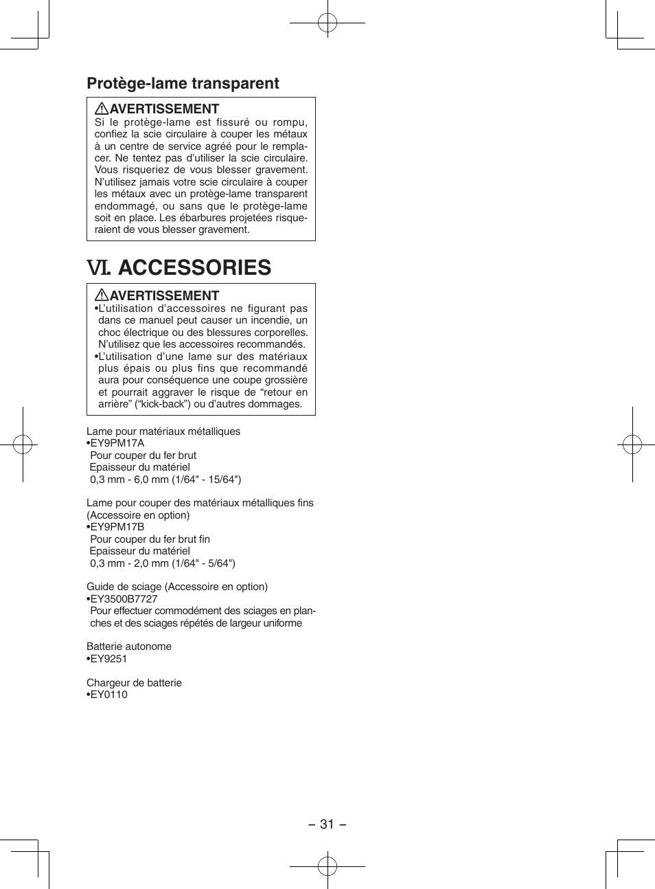 Accessories, Protège-lame transparent | Panasonic EY3552 User Manual | Page 31 / 48