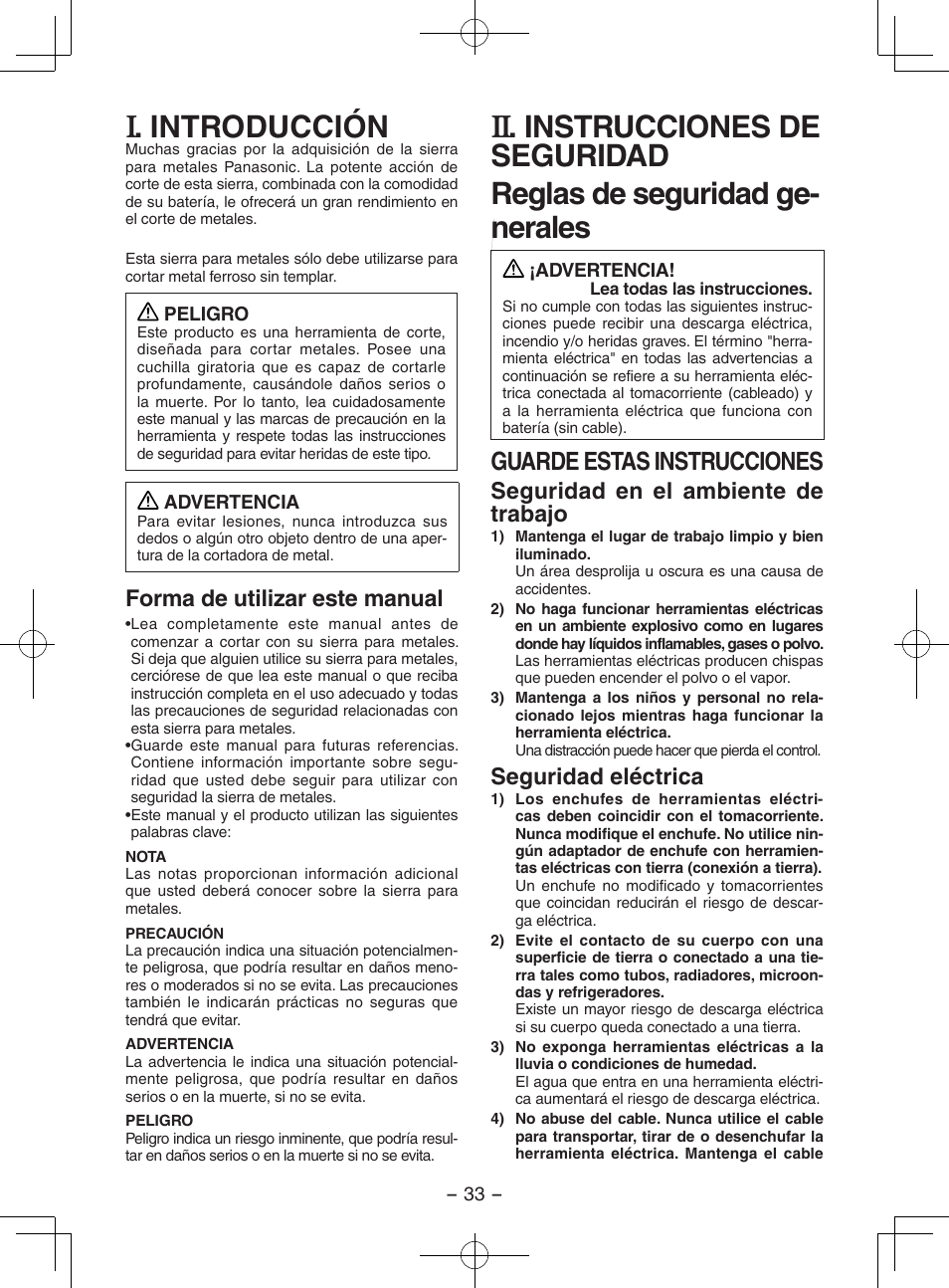Espanol, Introducción, Guarde estas instrucciones | Forma de utilizar este manual, Seguridad en el ambiente de trabajo, Seguridad eléctrica | Panasonic EY3552 User Manual | Page 33 / 48