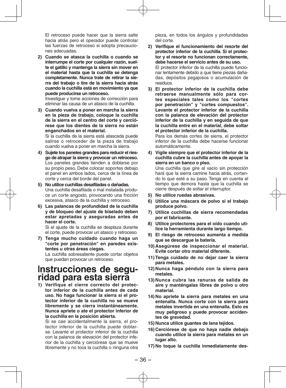 Instrucciones de segu- ridad para esta sierra | Panasonic EY3552 User Manual | Page 36 / 48