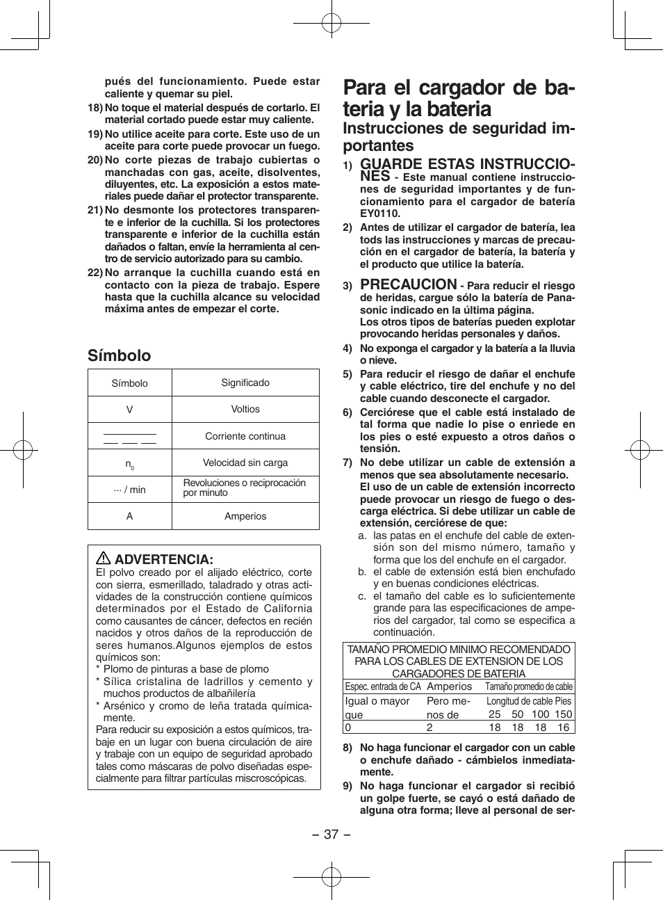 Para el cargador de ba- teria y la bateria, Símbolo, Instrucciones de seguridad im- portantes | Guarde estas instruccio- nes, Precaucion, Advertencia | Panasonic EY3552 User Manual | Page 37 / 48