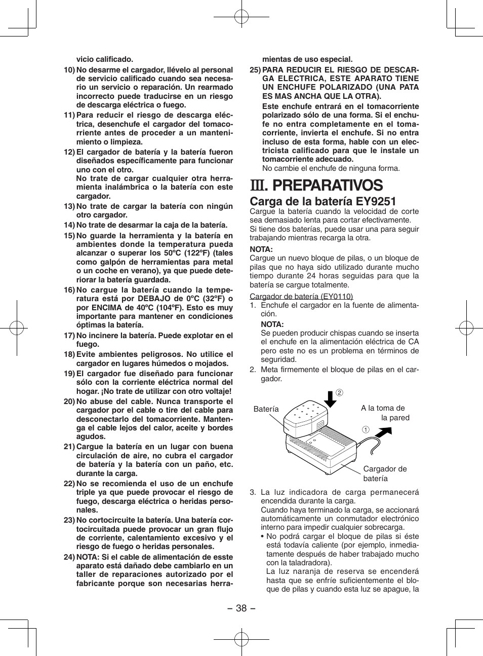 Preparativos, Carga de la batería ey9251 | Panasonic EY3552 User Manual | Page 38 / 48