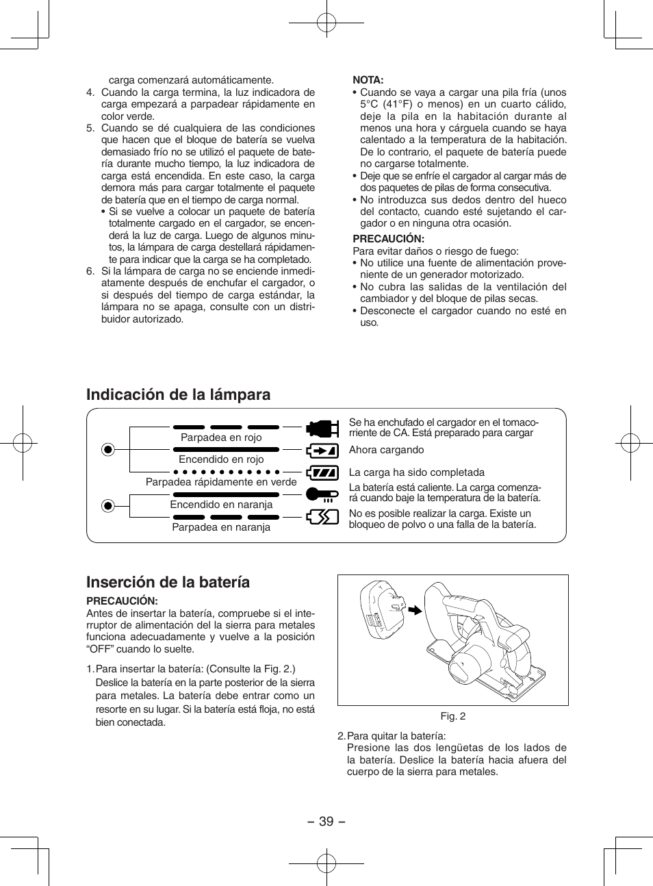 Indicación de la lámpara, Inserción de la batería | Panasonic EY3552 User Manual | Page 39 / 48