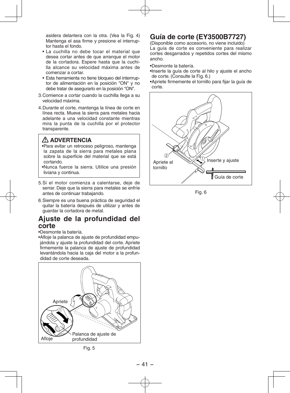 Ajuste de la profundidad del corte | Panasonic EY3552 User Manual | Page 41 / 48