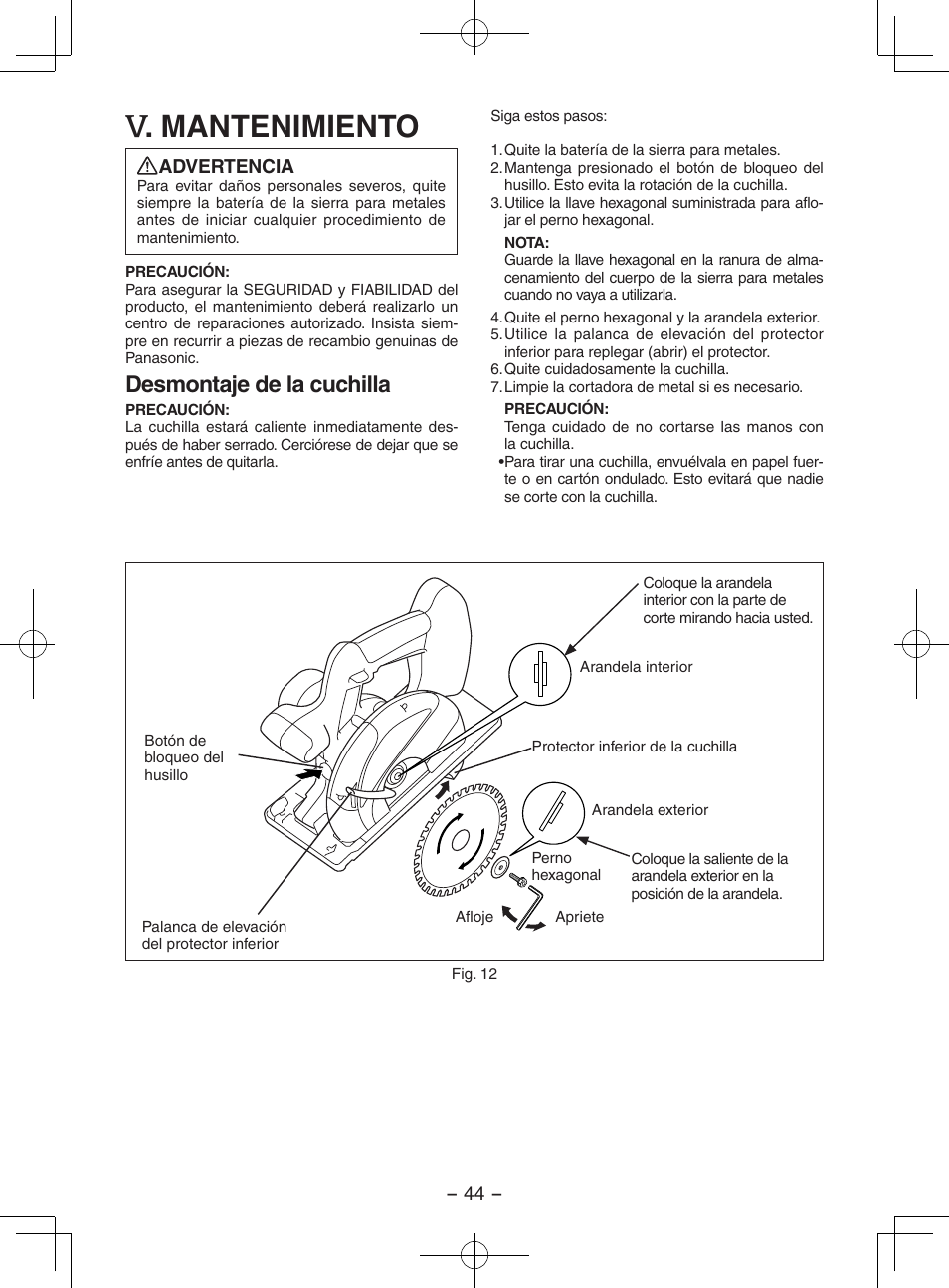 Mantenimiento, Desmontaje de la cuchilla | Panasonic EY3552 User Manual | Page 44 / 48
