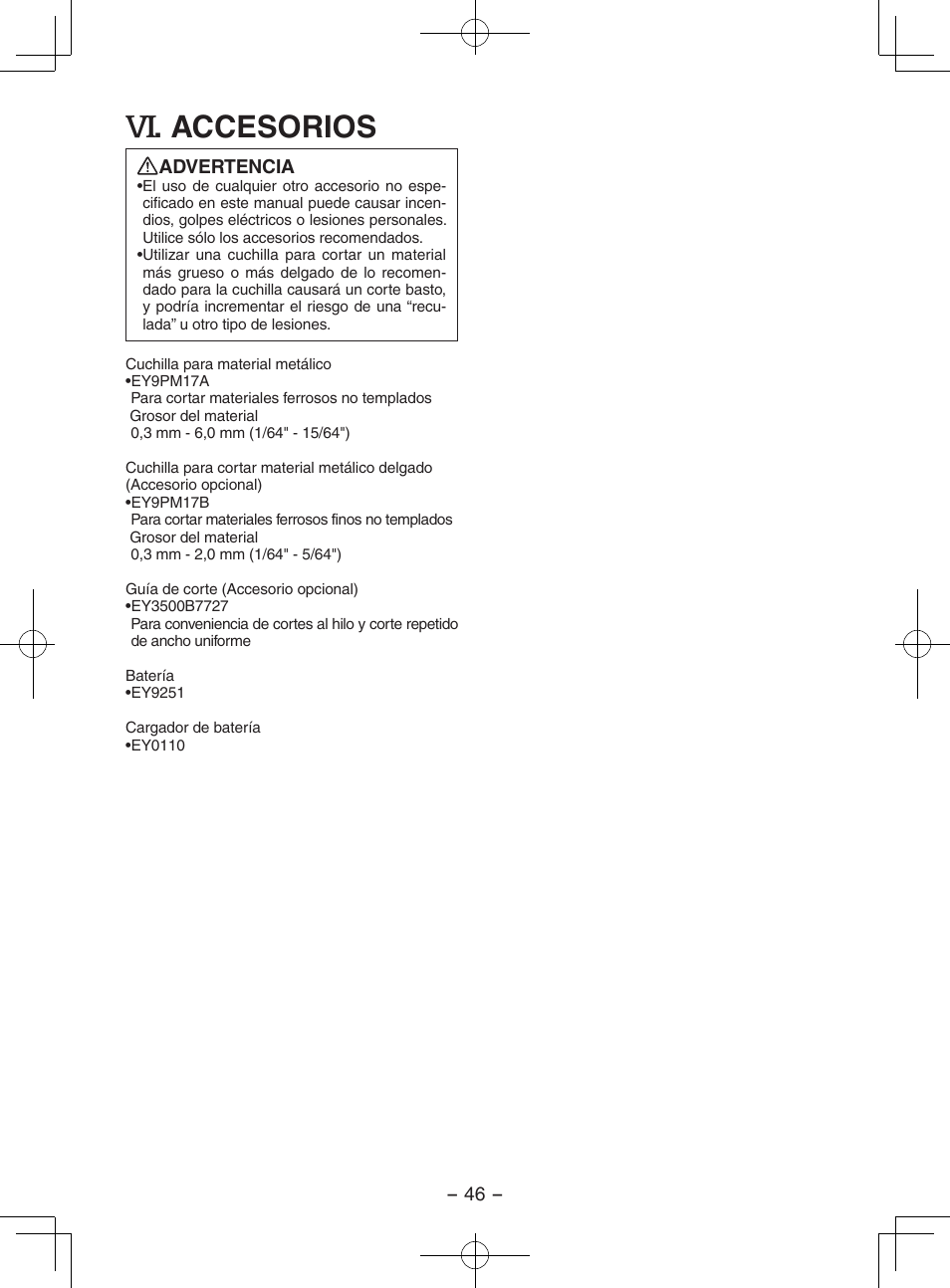 Accesorios | Panasonic EY3552 User Manual | Page 46 / 48