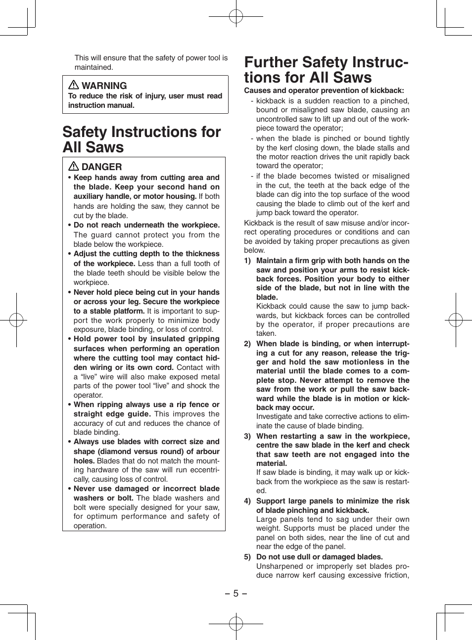 Safety instructions for all saws, Further safety instruc- tions for all saws | Panasonic EY3552 User Manual | Page 5 / 48