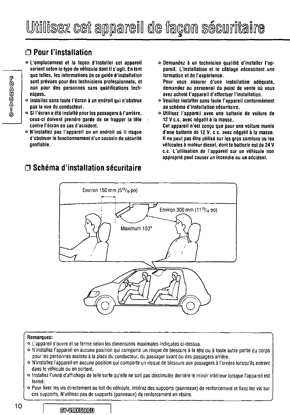 Pour rinstallation, Schéma d’installation sécuritaire, Remarques | Iiiaireil die | Panasonic CY VMX6800U User Manual | Page 10 / 76