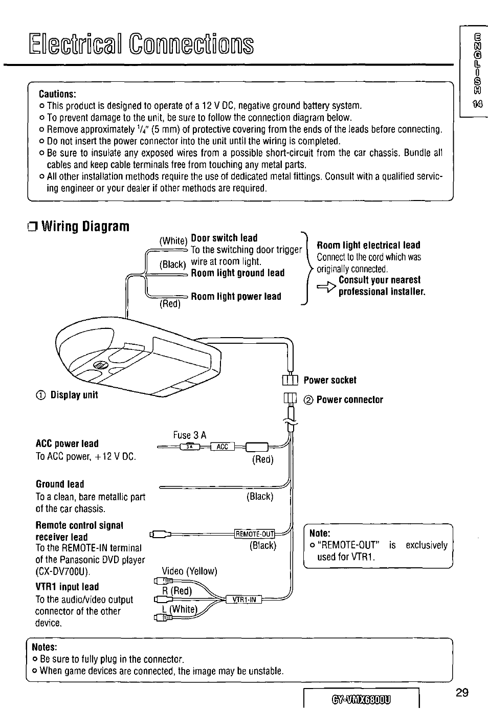Cautions, Wiring diagram, White) door switch lead | Room light electrical lead, Acc power lead, Ground lead, M] power socket, 2) power connector, Note | Panasonic CY VMX6800U User Manual | Page 29 / 76