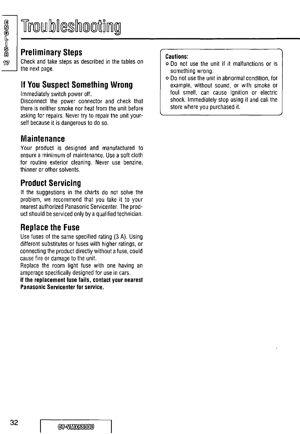 Preliminary steps, If you suspect something wrong, Maintenance | Product servicing, Repiace the fuse | Panasonic CY VMX6800U User Manual | Page 32 / 76