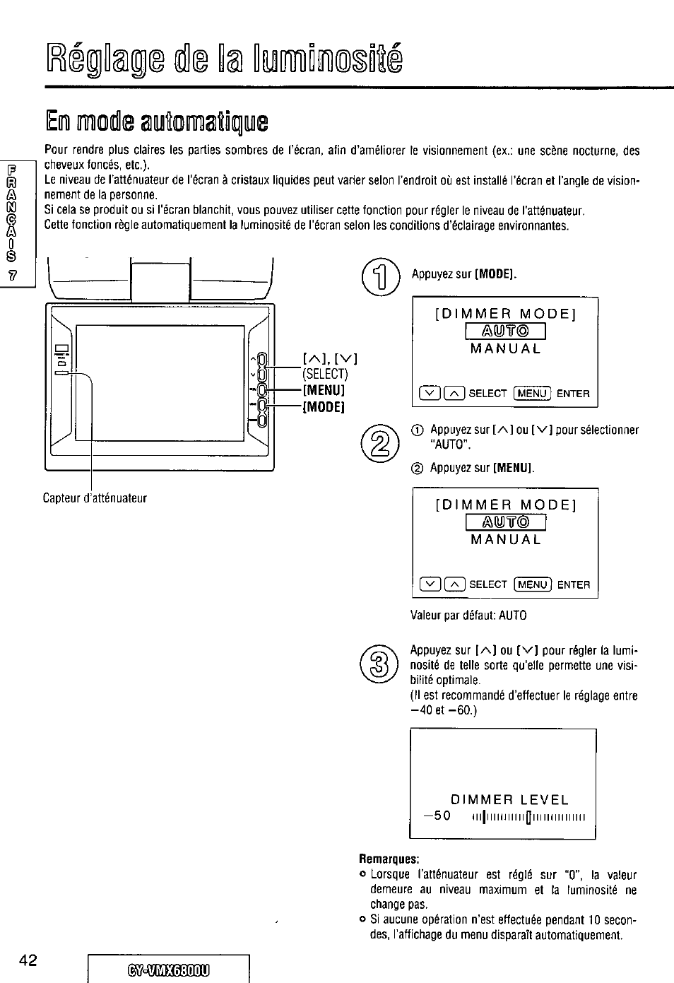 Dimmer mode, Manual, Remarques | E m i mode eutometiqye | Panasonic CY VMX6800U User Manual | Page 42 / 76