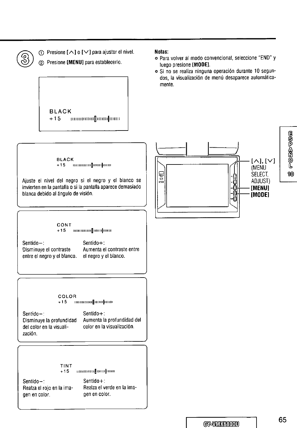 Notas, Menu select, adjust) | Panasonic CY VMX6800U User Manual | Page 65 / 76