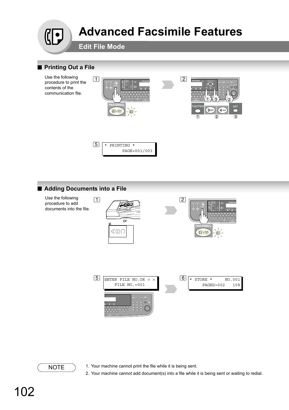 Printing out a file, Adding documents into a file, Advanced facsimile features | Edit file mode | Panasonic DP-180 User Manual | Page 102 / 194