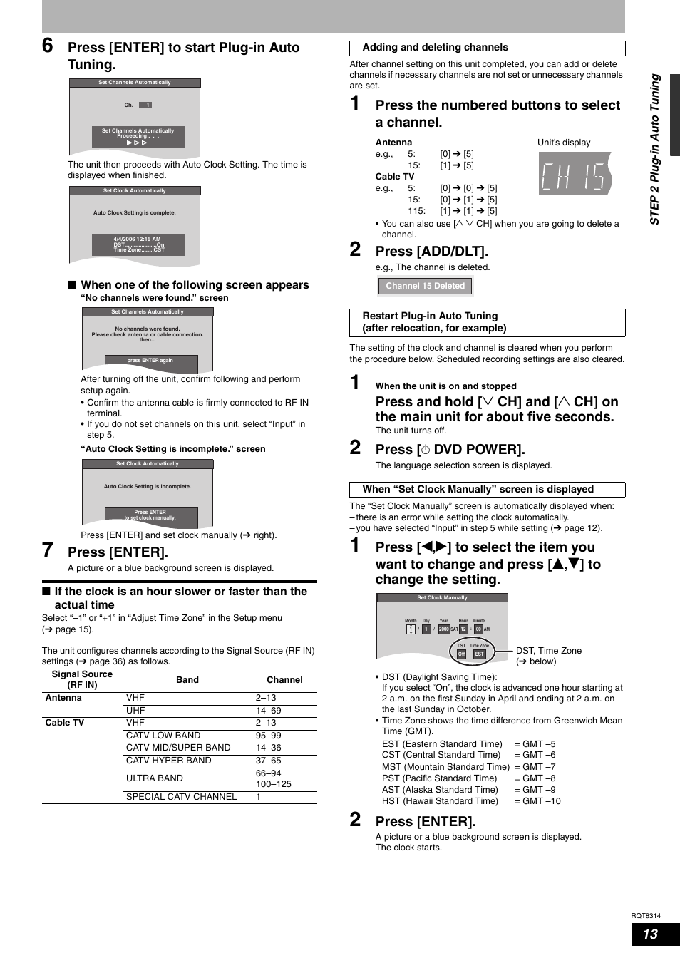 Press [enter] to start plug-in auto tuning, Press [enter, Press the numbered buttons to select a channel | Press [add/dlt, Press [ ^ dvd power | Panasonic DMR-ES15M User Manual | Page 13 / 52