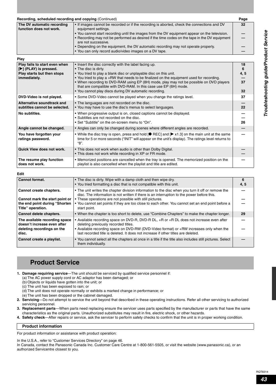 Product service | Panasonic DMR-ES15M User Manual | Page 43 / 52
