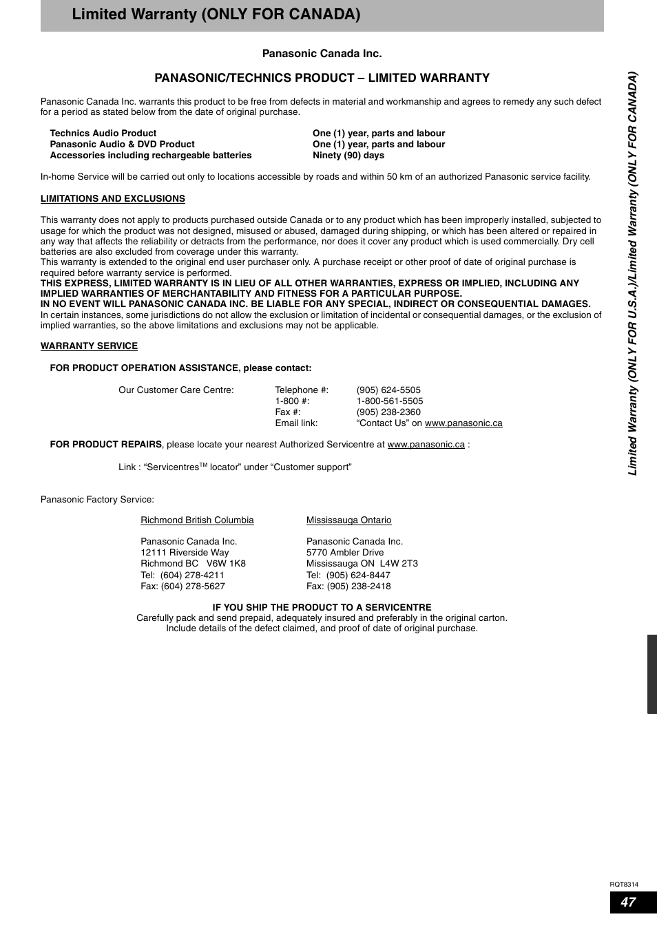 Limited warranty (only for canada), Panasonic/technics product – limited warranty | Panasonic DMR-ES15M User Manual | Page 47 / 52