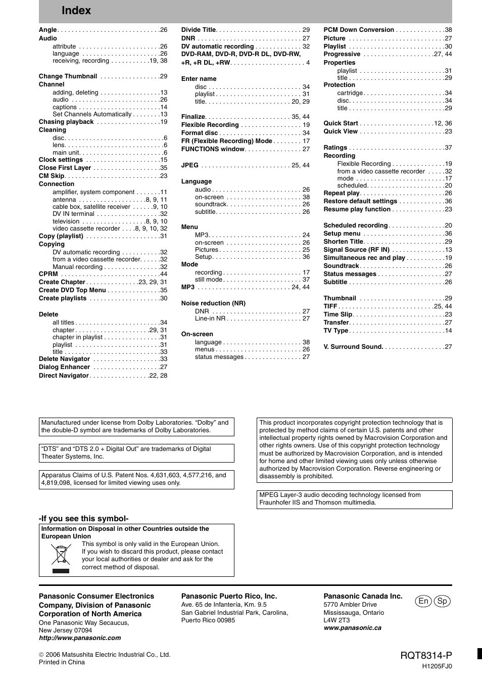 Index, Rqt8314-p, En sp | Panasonic DMR-ES15M User Manual | Page 52 / 52