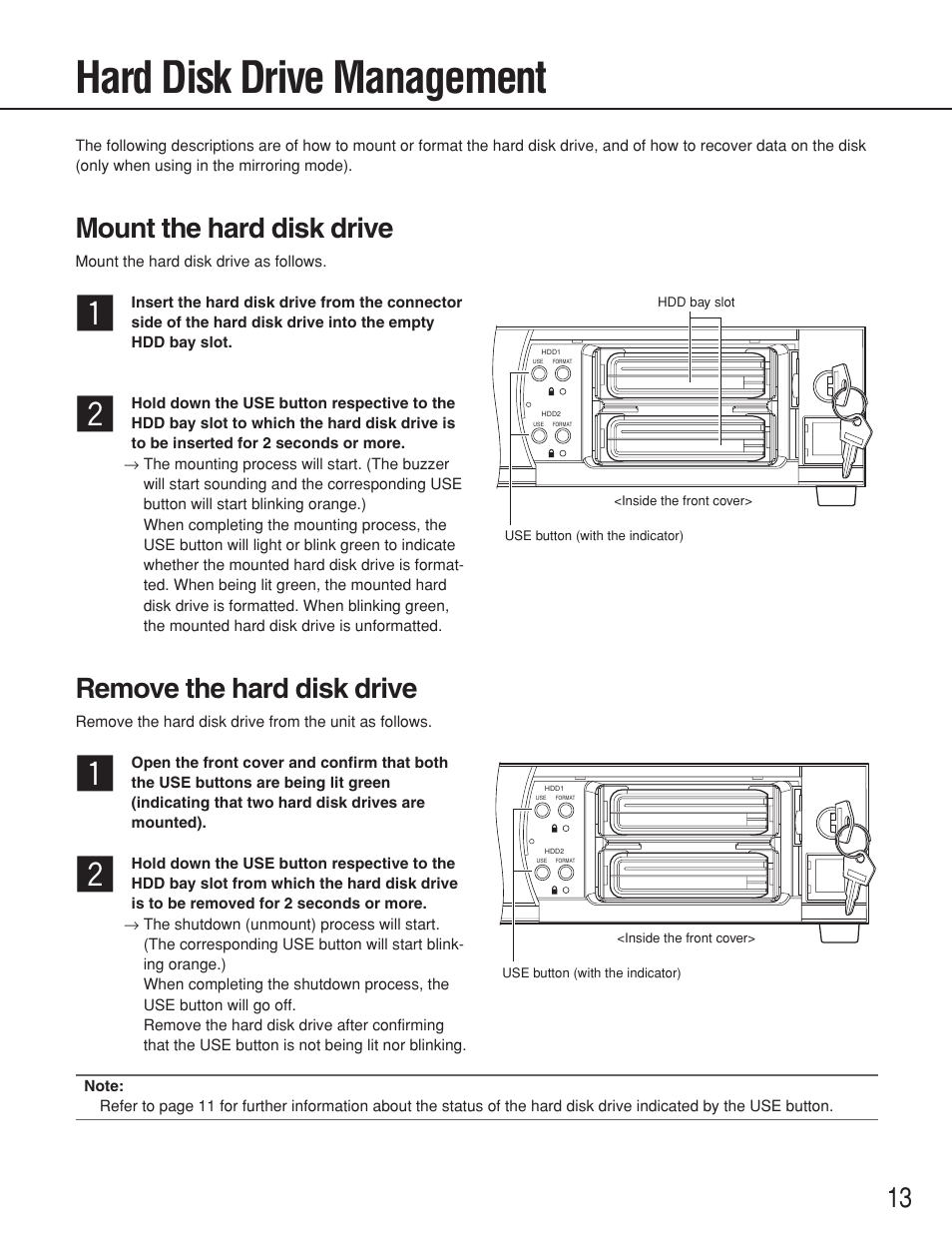 Hard disk drive management, Mount the hard disk drive, Remove the hard disk drive | Panasonic WJ-ND200 User Manual | Page 13 / 69