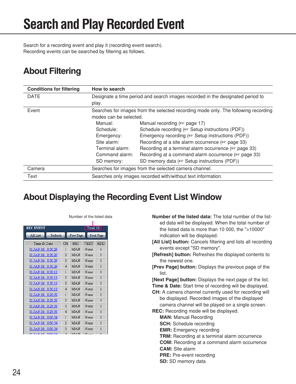 Search and play recorded event, About filtering, About displaying the recording event list window | Panasonic WJ-ND200 User Manual | Page 24 / 69