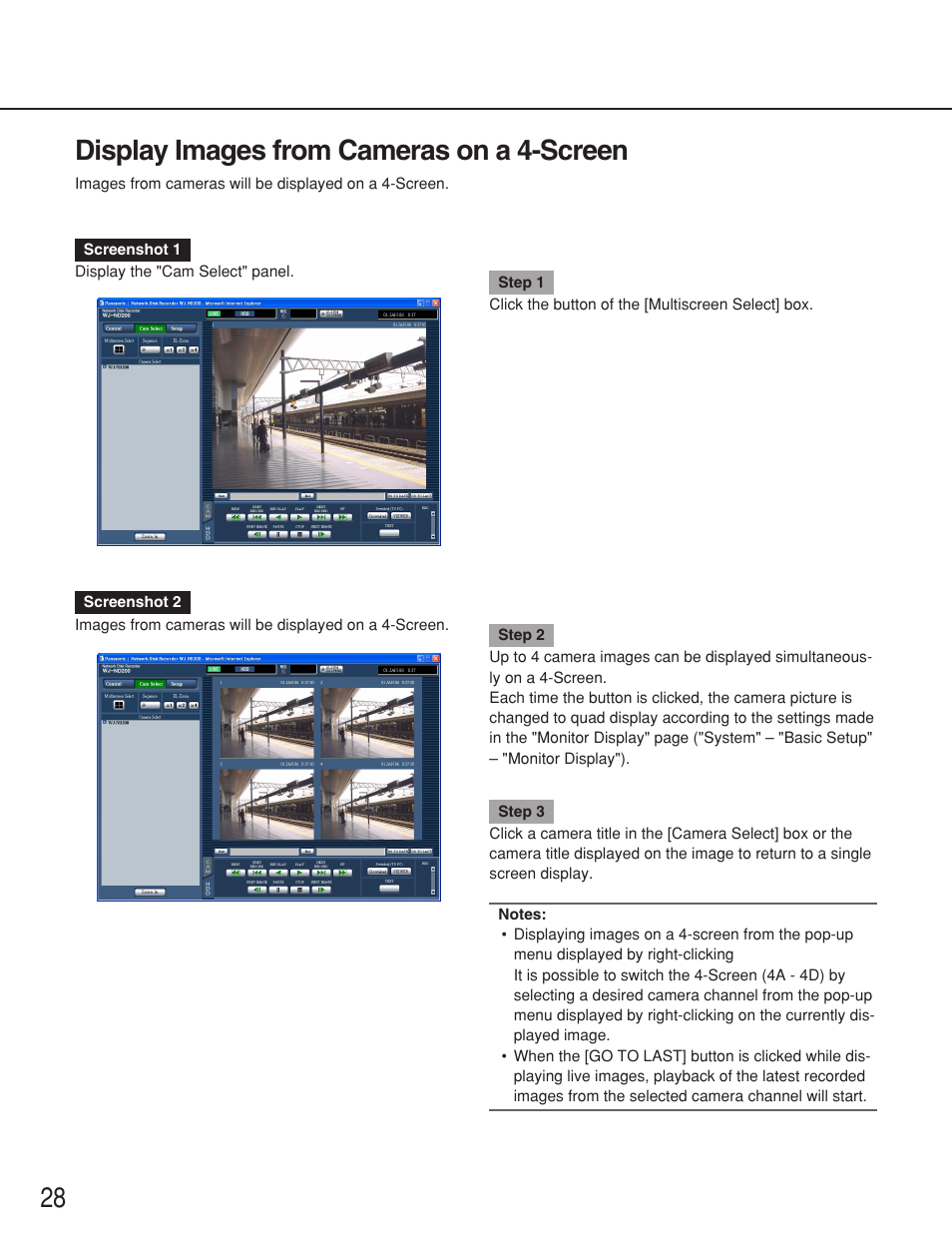 Display images from cameras on a 4-screen, 28 display images from cameras on a 4-screen | Panasonic WJ-ND200 User Manual | Page 28 / 69