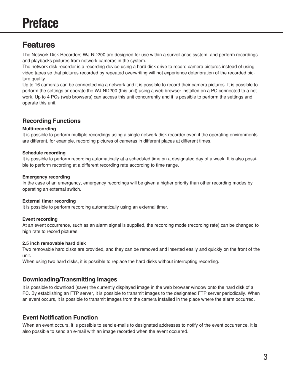 Preface, Features | Panasonic WJ-ND200 User Manual | Page 3 / 69