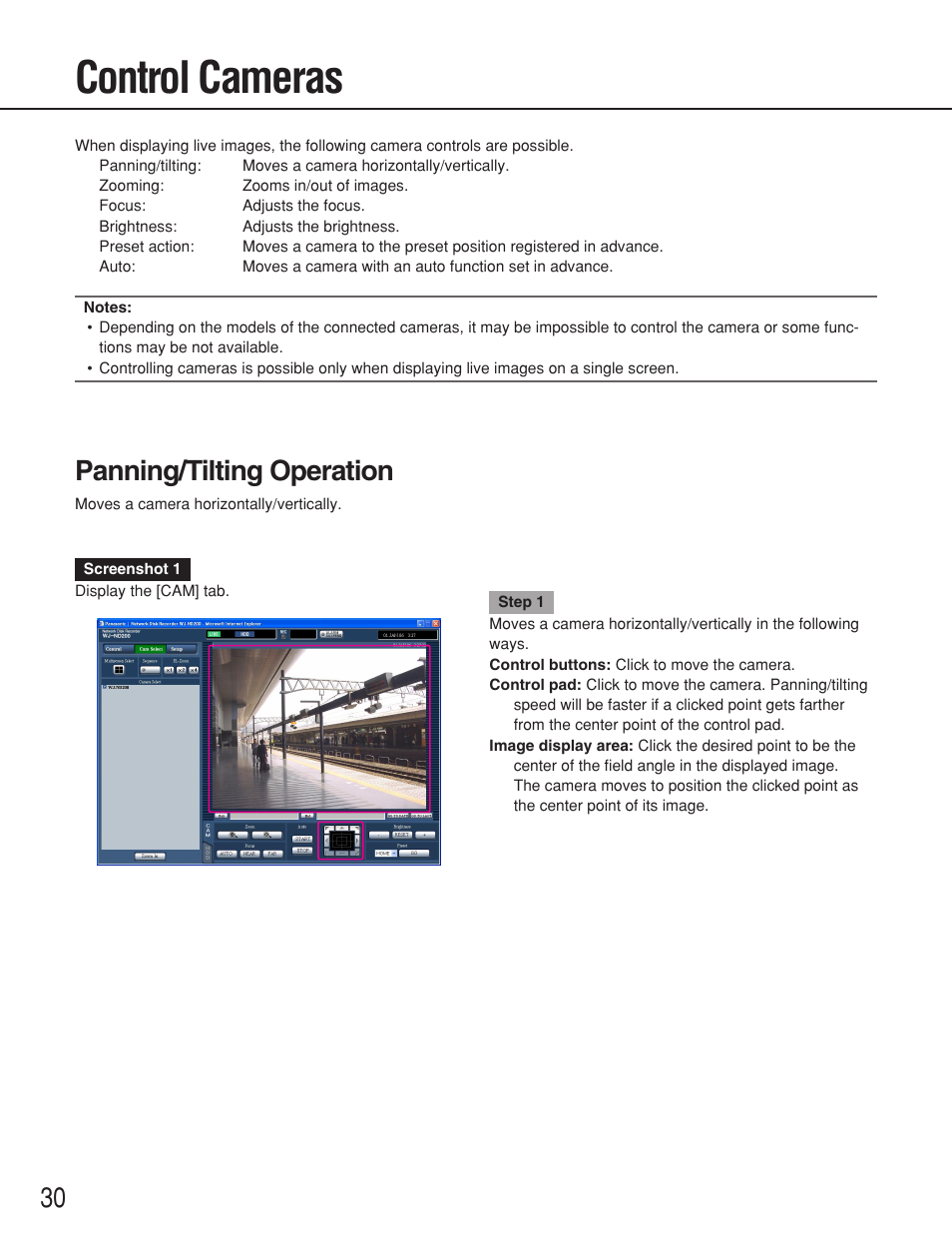 Control cameras, Panning/tilting operation | Panasonic WJ-ND200 User Manual | Page 30 / 69