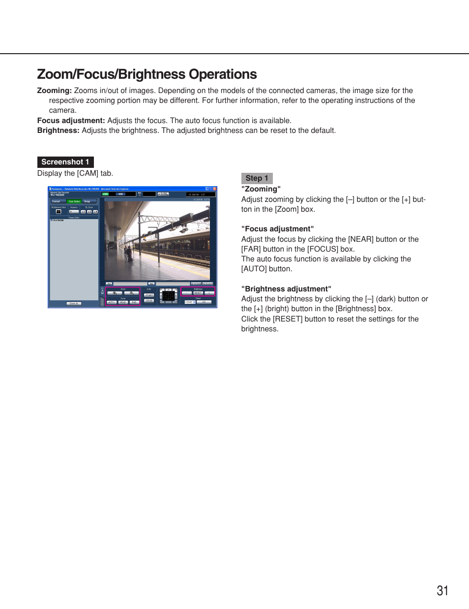 Zoom/focus/brightness operations, 31 zoom/focus/brightness operations | Panasonic WJ-ND200 User Manual | Page 31 / 69