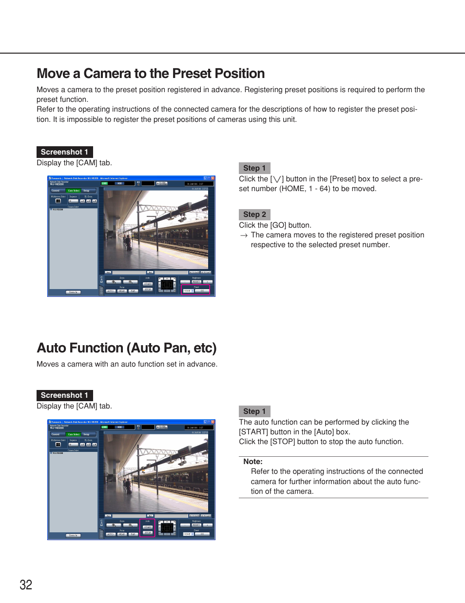 Move a camera to the preset position, Auto function (auto pan, etc), 32 move a camera to the preset position | Panasonic WJ-ND200 User Manual | Page 32 / 69