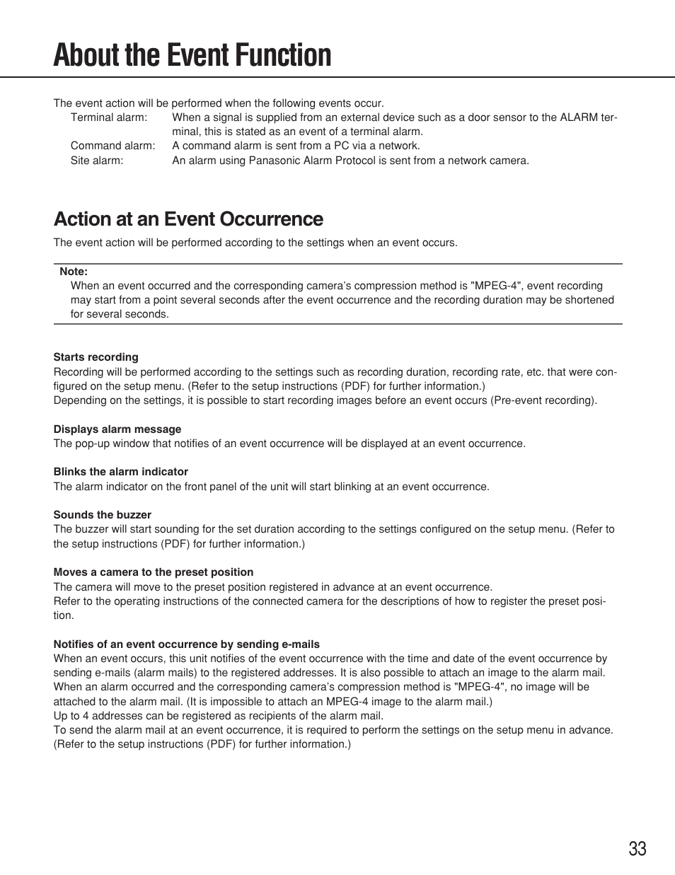 About the event function, Action at an event occurrence | Panasonic WJ-ND200 User Manual | Page 33 / 69