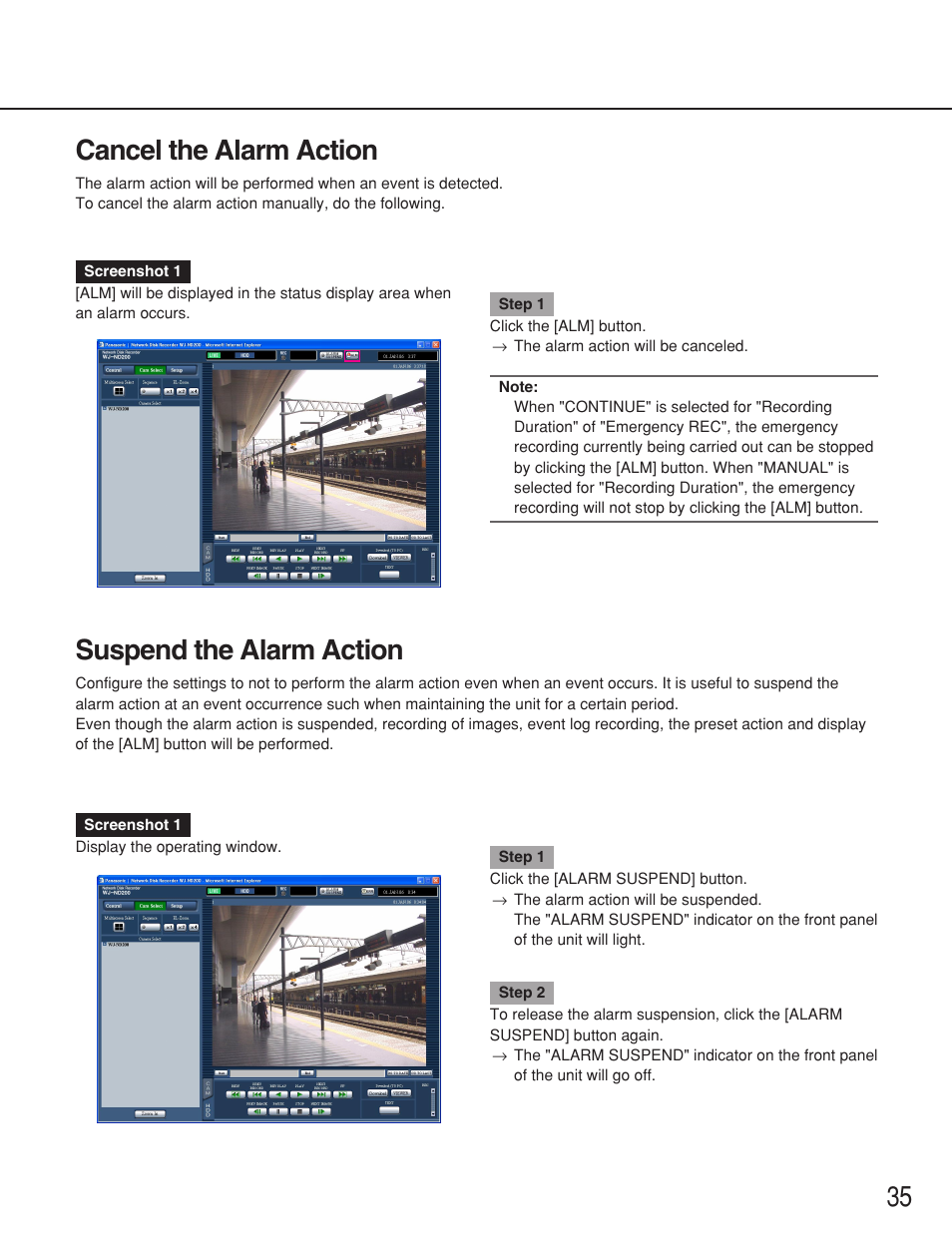 Cancel the alarm action, Suspend the alarm action, 35 cancel the alarm action | Panasonic WJ-ND200 User Manual | Page 35 / 69