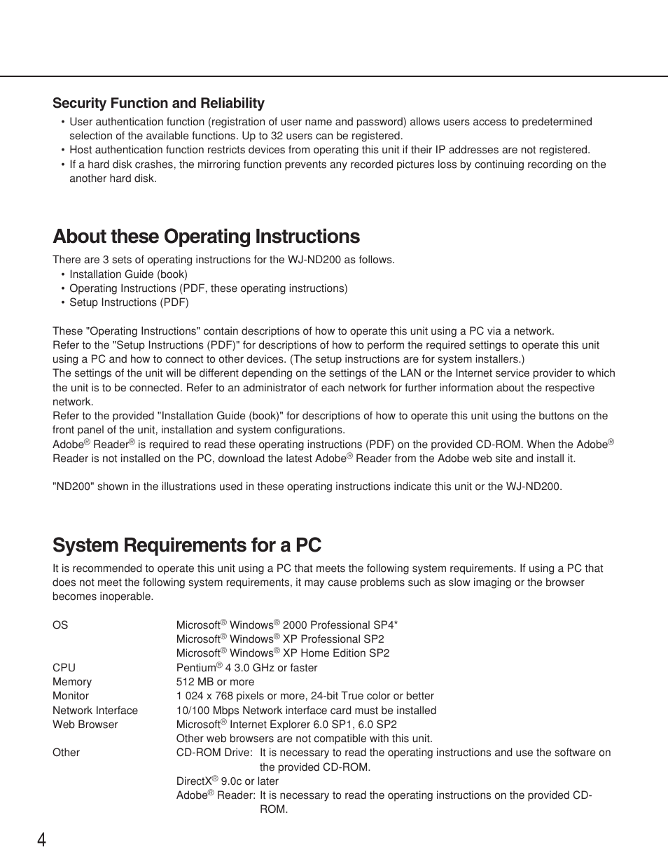 About these operating instructions, System requirements for a pc, Security function and reliability | Panasonic WJ-ND200 User Manual | Page 4 / 69