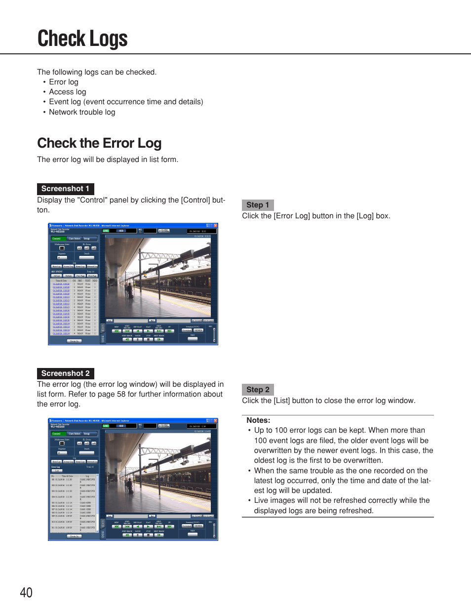 Check logs, Check the error log | Panasonic WJ-ND200 User Manual | Page 40 / 69